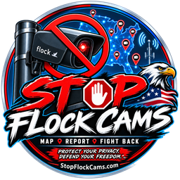 Stop Flock Cams Now — stop sign over a Flock camera with American eagle