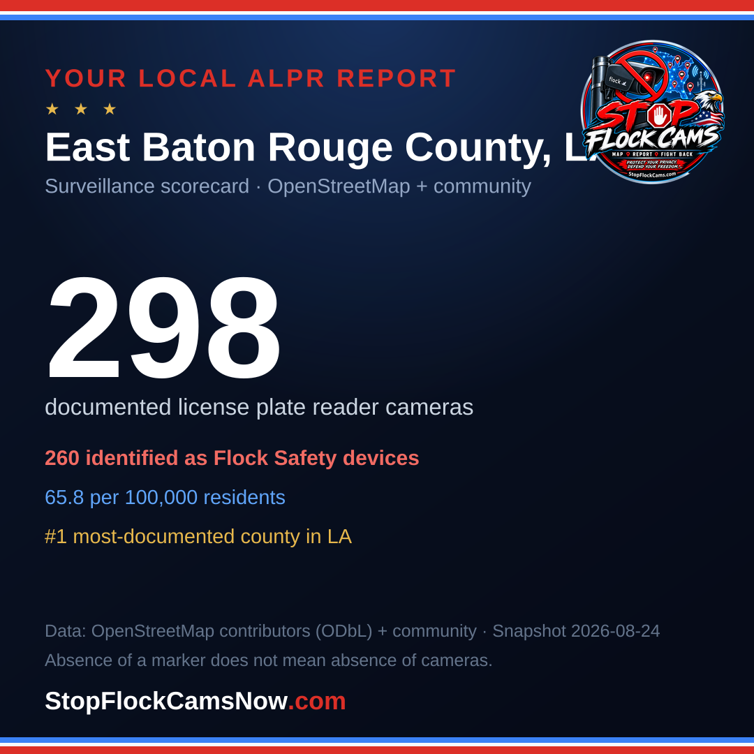 Shareable ALPR statistics card for East Baton Rouge County